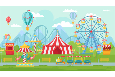 Amusing park festival. Amusement attractions landscape, kids carousel