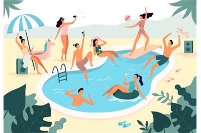 Swimming pool party. Summer outdoors people in swimwear swim together