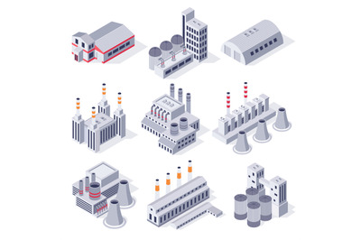 Isometric factory buildings. Industrial power plant building&2C; factorie