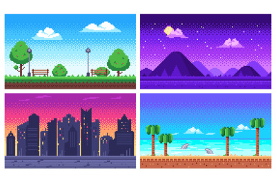 Pixel art landscape. Summer ocean beach, 8 bit city park, pixel citysc