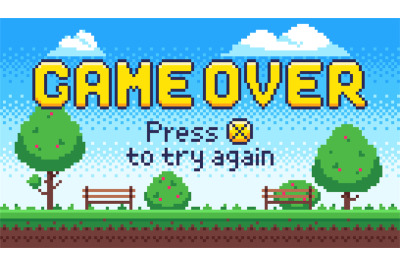 Game over screen. Retro 8 bit arcade games, old pixel video game end a