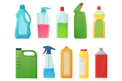 Detergent bottles. Cleaning supplies products, bleach bottle and plast