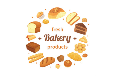 Round bakery products label. Fresh baked bread, pumpernickel breakfast