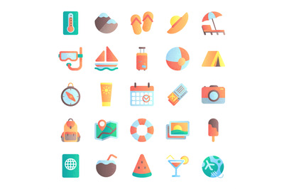 Flat summer icons. Vacation tour, beach umbrella in sand. Sea ship, su