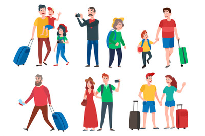 Travel characters. Travelling group, family couple holiday vacation an