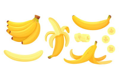 Cartoon bananas. Peel banana, yellow fruit and bunch of bananas isolat