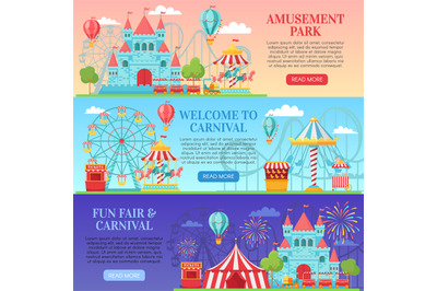 Amusement park banner. Amusing festival attractions, kids carousel and