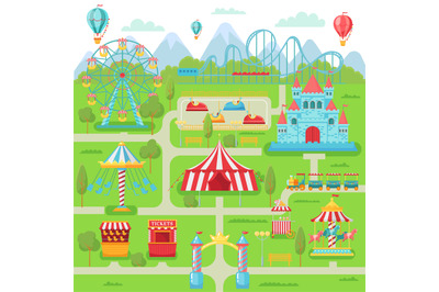 Amusement park map. Family entertainment festival attractions carousel