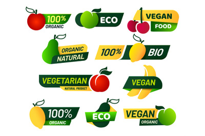 Vegan labels. Green eco food, healthy fresh organic products and veget