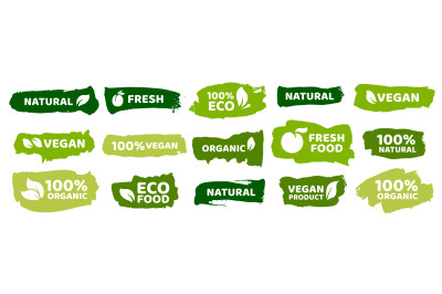 Organic food labels. Fresh eco vegetarian products, vegan label and he