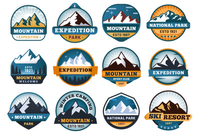 Mountain labels. Hiking emblems, mountains emblem badges and outdoors