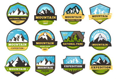 Mountain expedition emblems. Outdoors travel labels, mountains hiking