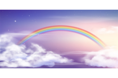 Fantasy sky rainbow. Fairy skies rainbows colors, magic landscape and