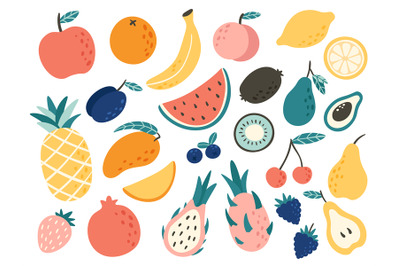 Doodle fruits. Natural tropical fruit, doodles citrus orange and vitam