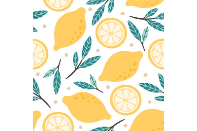 Seamless lemon pattern. Hand drawn doodle citrus mix, lemons slises an