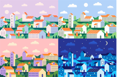 Minimal style town. Geometric minimalist city, daytime cityscape and n