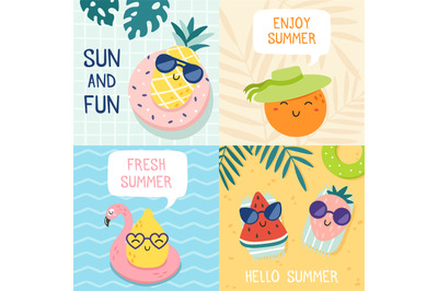 Hello summer poster. Funny fruits&2C; pineapple in sunglasses and tropica