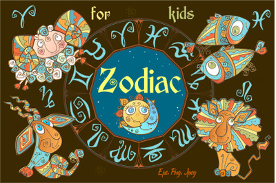 Zodiac signs for children. Funny horoscope in a cute style.