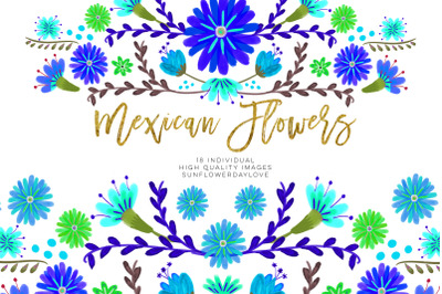 Blue Mexican Watercolor Floral clipart