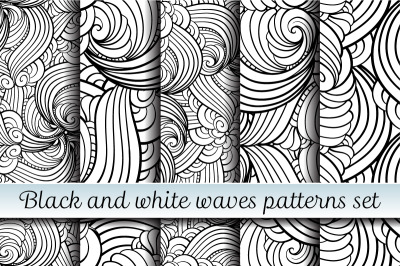 Black and white waves patterns set
