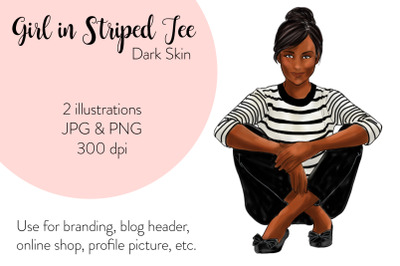 Watercolor Fashion&nbsp;Illustration -&nbsp;Girls in striped T - Dark Skin