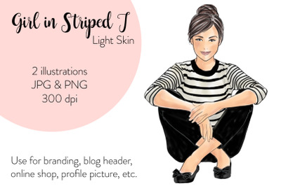 Watercolor Fashion&nbsp;Illustration -&nbsp;Girls in striped T - Light Skin