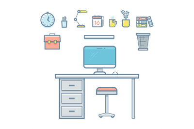 Office workspace objects in linear style for design