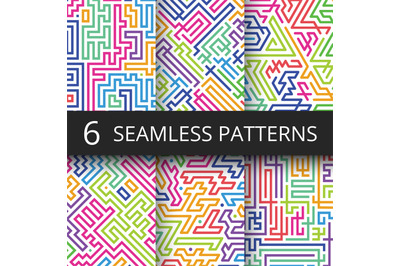 Modern geometric seamless vector patterns with color line shapes. Retr