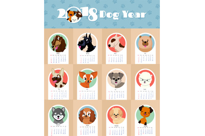 2018 new year calendar with cute and funny puppy dogs chinese symbol v