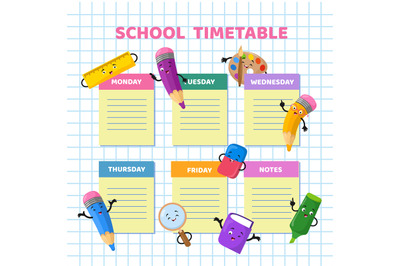 School timetable with funny cartoon stationery characters. Children we