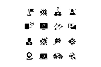 Target and goal icons. Targeting strategy and business objectives vect