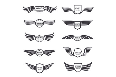 Flying eagle wings vector logos set. Vintage winged emblems and labels