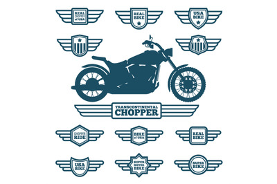 Sport motorbike silhouette and vintage wing labels. Bikers ride retro