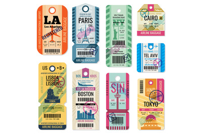 Retro travel luggage labels and baggage tickets with flight symbol vec