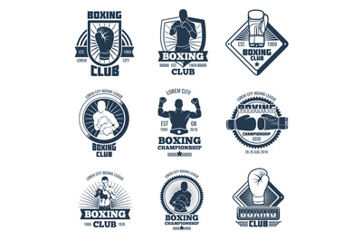 Vintage boxing sports club vector labels and badges