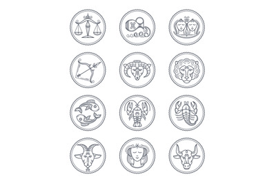 Zodiac vector astrology vector line icons. Aries and taurus, gemini an