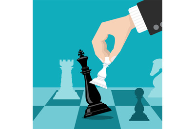 Business checkmate strategy vector concept with hand holding chess paw