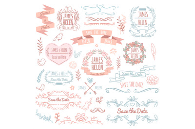 Wedding retro vector elements for invitation card. Rustic floral elega