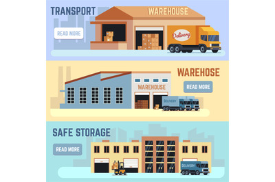 Warehouse&2C; shipping transportation and delivering service vector horiz