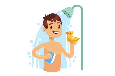 Young man taking shower in bathroom. Guy washing himself. Morning hygi