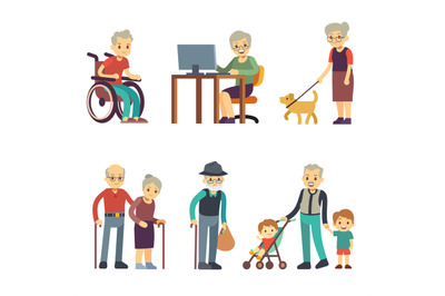 Old age people in different situations. Senior man and woman activitie