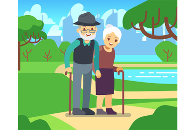 Happy cartoon older female in love outdoors. Old couple in park vector