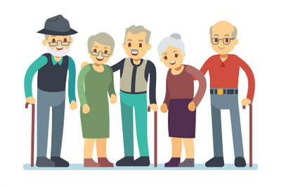 Group of old people cartoon characters. Happy elderly friends vector i
