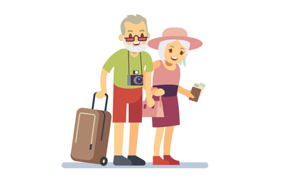 Old people travelers on holiday. Smiling grandparents on vacation. Hap