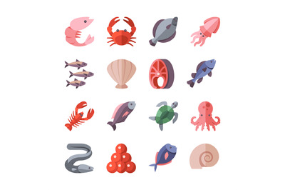 Seafood delicacies and cooking fish vector flat icons isolated on whit