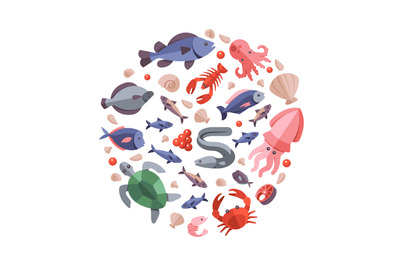 Ocean animals seafood and cooking fish flat icons