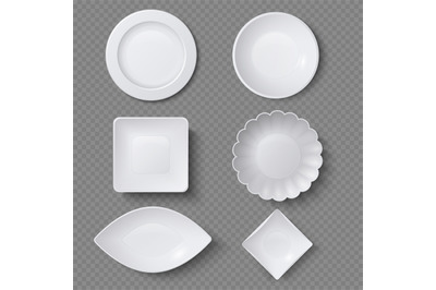 Different shapes of realistic food plates, dishes and bowls vector set
