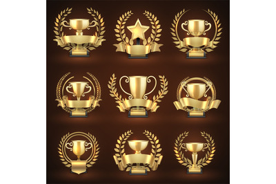 Golden winner trophy cups&2C; prize sports awards with golden wreaths and