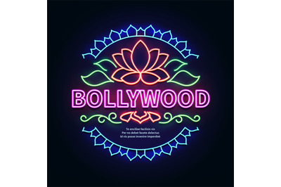 Vintage bollywood movie signboard. Glowing retro indian cinema neon ve
