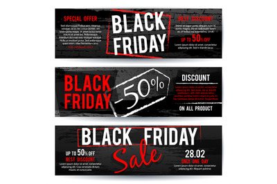 Black Friday sale horizontal advertising vector banners with black and